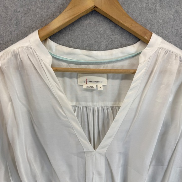Anthropologie Blouse Long Sleeve V Neck Ruched Tie Front Ivory Womens Size XL - Picture 2 of 14